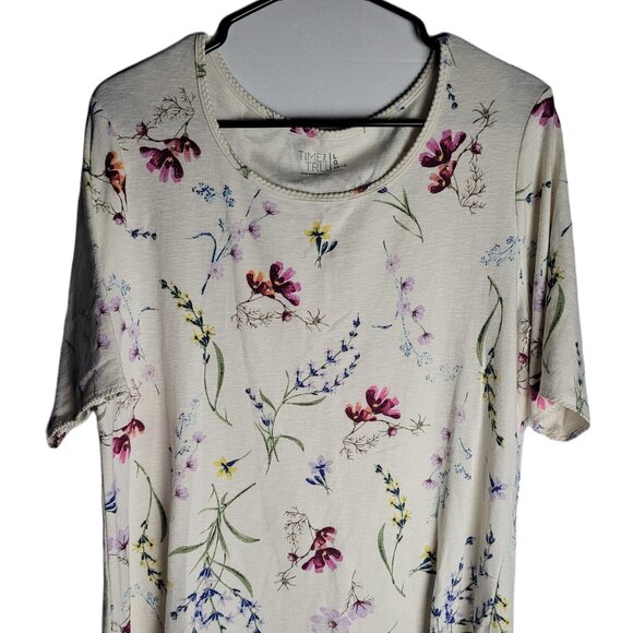 Time and Tru Tops - Time Tru Womens Size Large White Purple Floral Short Sleeve Tunic Cotton